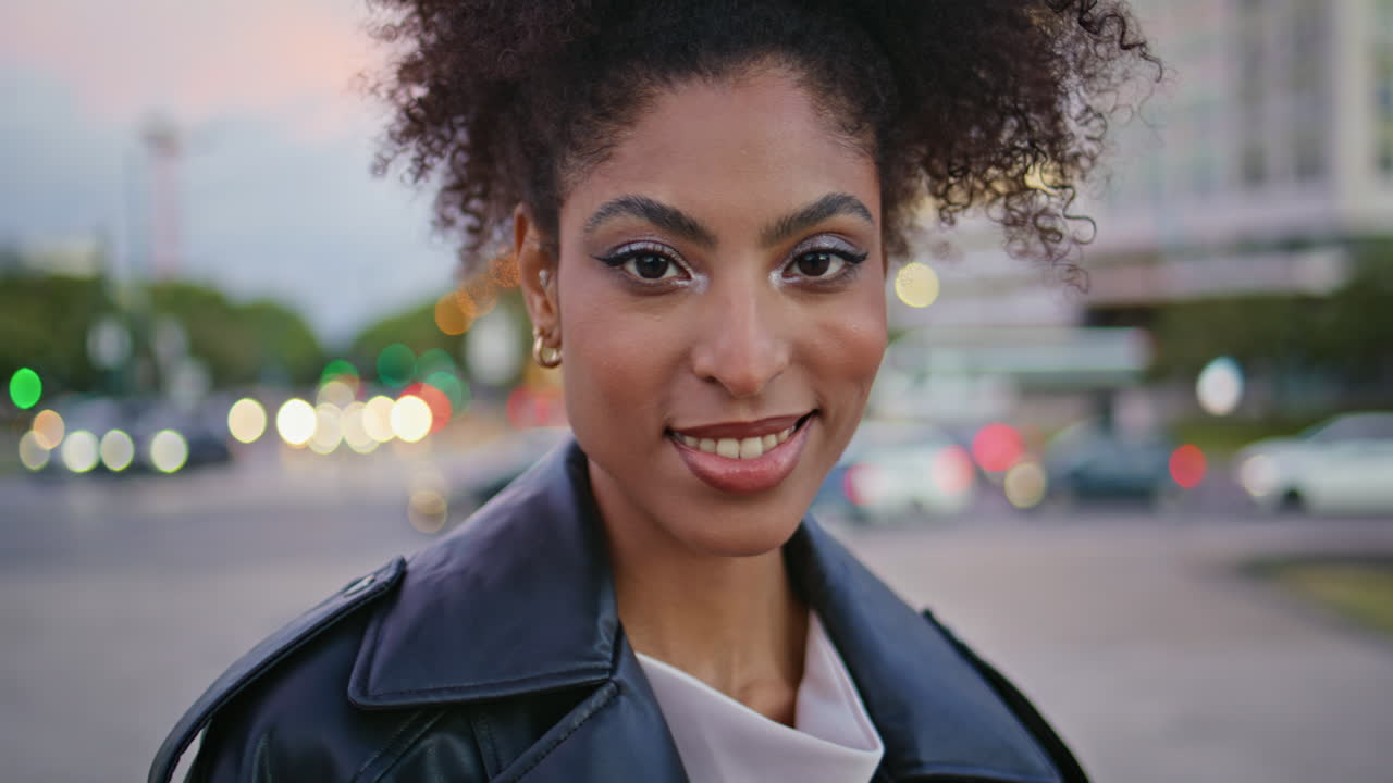 Urban girl relaxing street wearing trendy jacket closeup. Portrait model