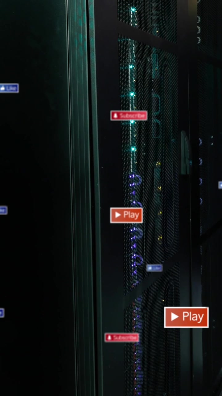 Animazione di icone di social media fluttuanti sullo sfondo di una sala server di computer