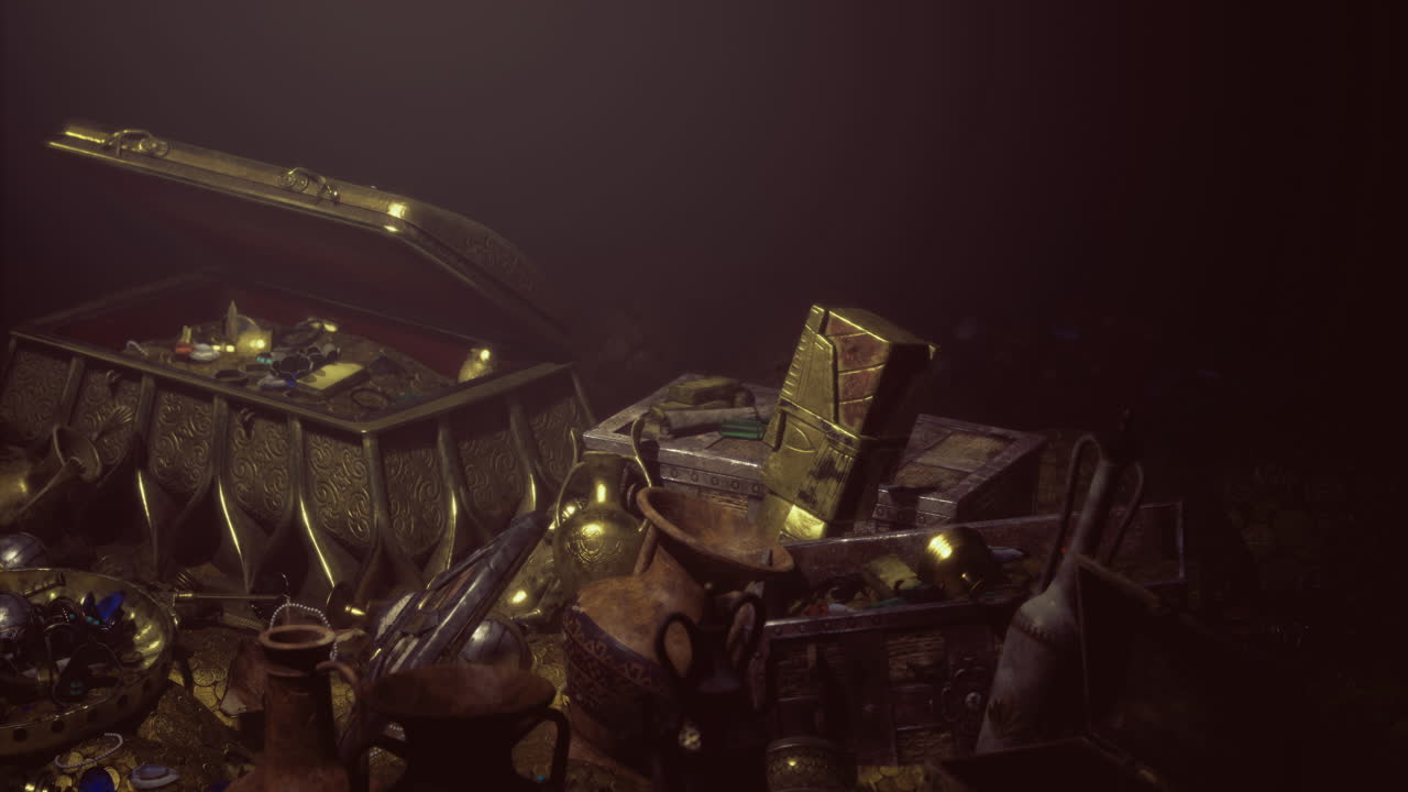 Treasure chest overflowing with ancient artifacts and sparkling jewels
