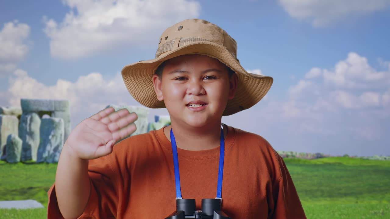 Asian Boy With Hat And Binoculars Using Magnifying Glass, Smiling And Waving Hand While Traveling In Stonehenge. Boy Researcher Examines Something, Travel Adventure, Close Up
