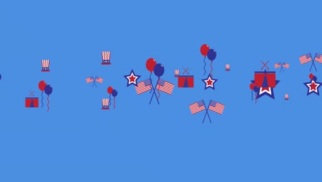 Animation-Amerikanischer-Flaggen-Und-Symbole-Zum-Unabhängigkeitstag,-Die-Sich-über-Blauem-Hintergrund-Bewegen