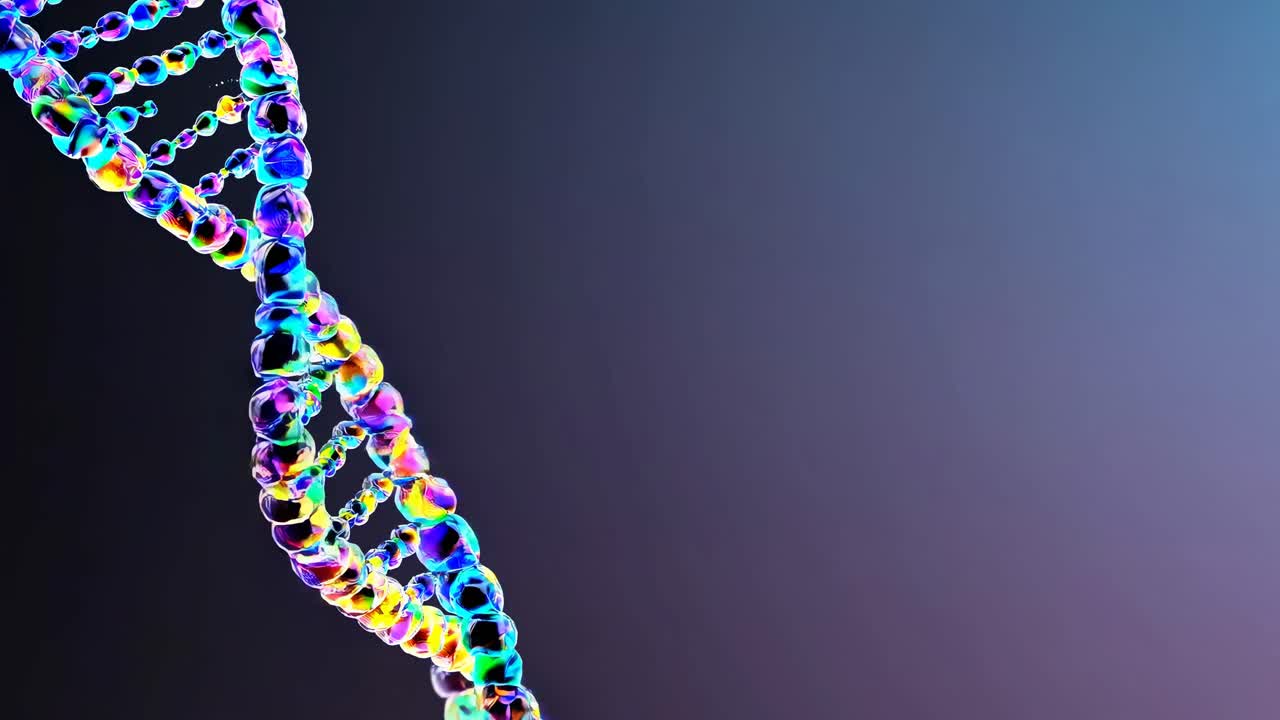 Colorful 3D DNA helix on a gradient background, angled from the side