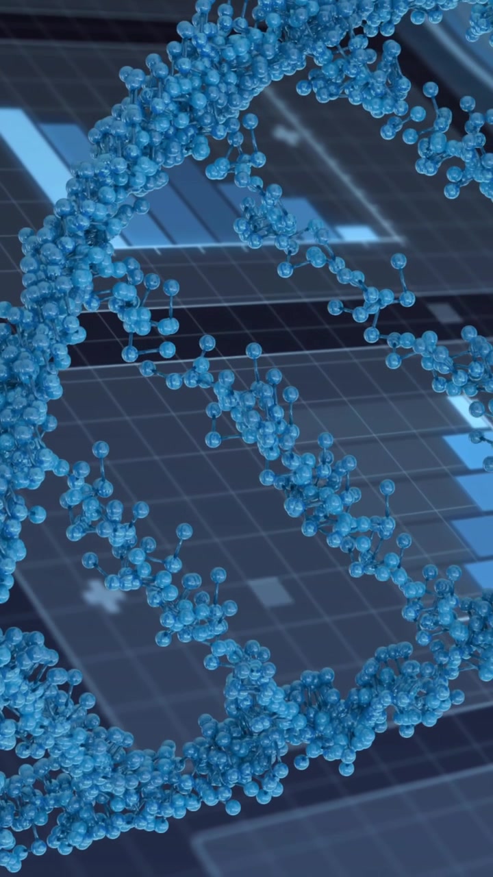 藍色背景上的 DNA 鏈與科學數據處理動畫