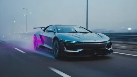 futuristic sports car speeding on a highway at dusk