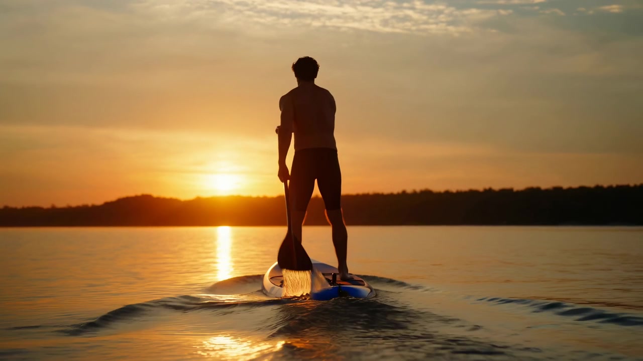 Un homme seul se tient sur une planche à pagaie sur un lac calme, tenant une pagaie et faisant face à un coucher de soleil éclatant avec des arbres sombres à l'horizon et des reflets chauds sur l'eau.