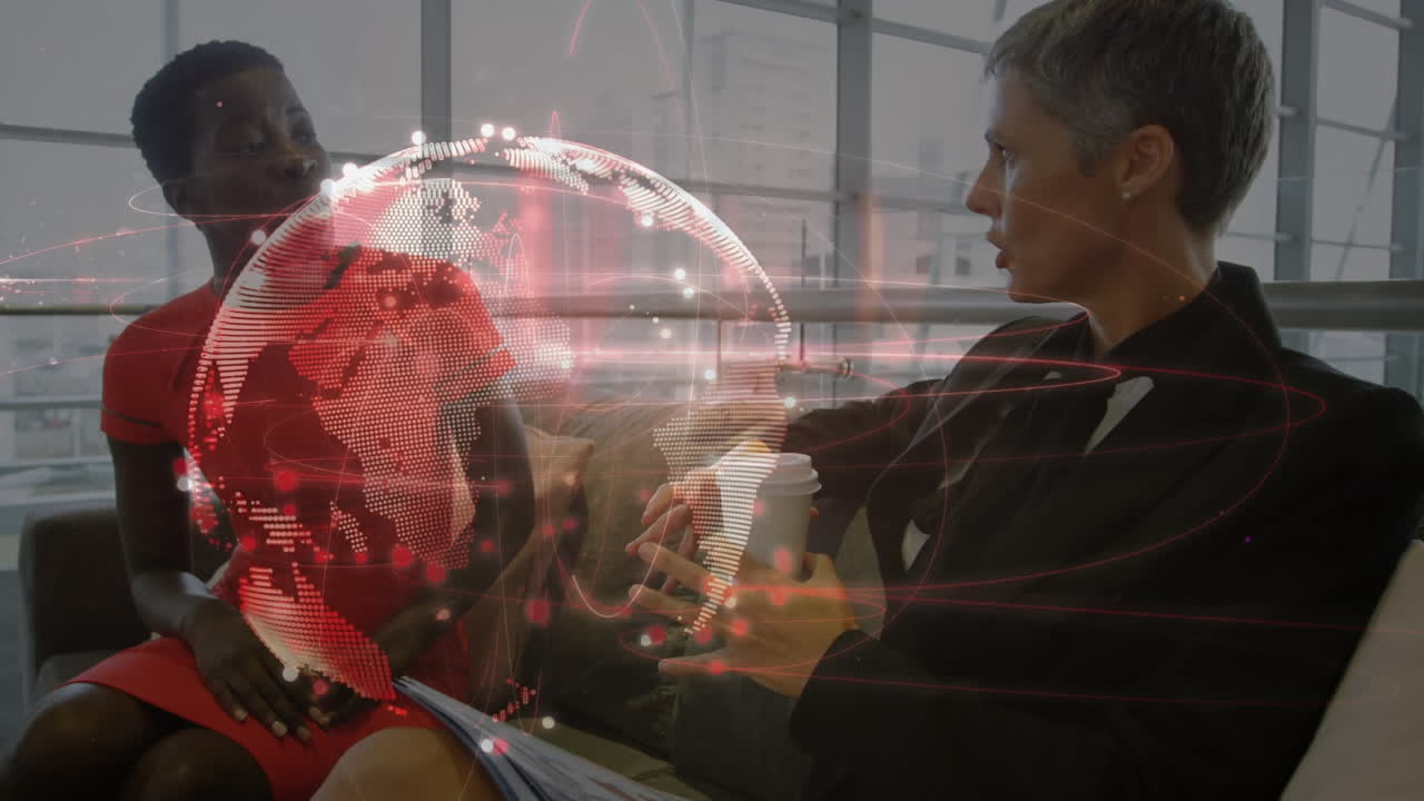 다양한 사업가들이 사무실에서 이야기하는 연결의 세계와 네트워크의 애니메이션