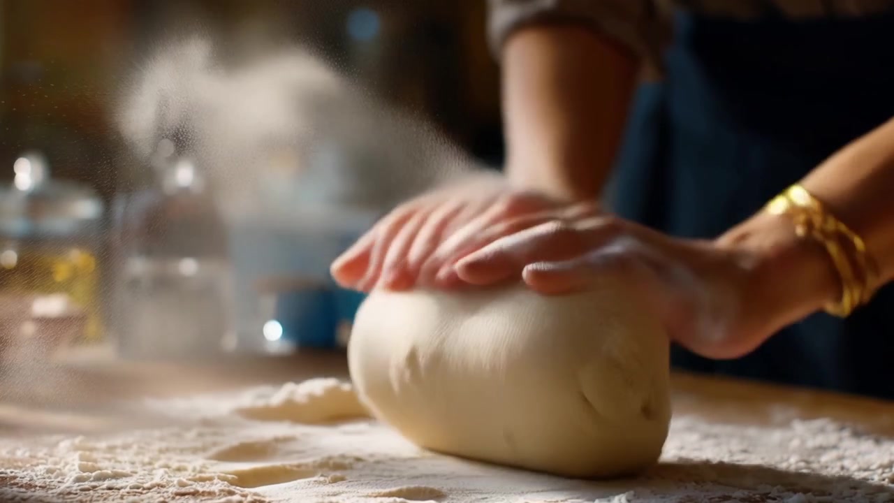 Close-up of Hands Kneading Dough on a Floured Wooden Surface