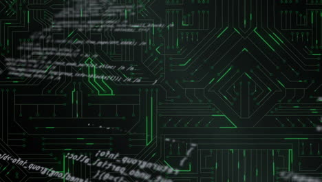 Animation of data processing and web of connections on black background