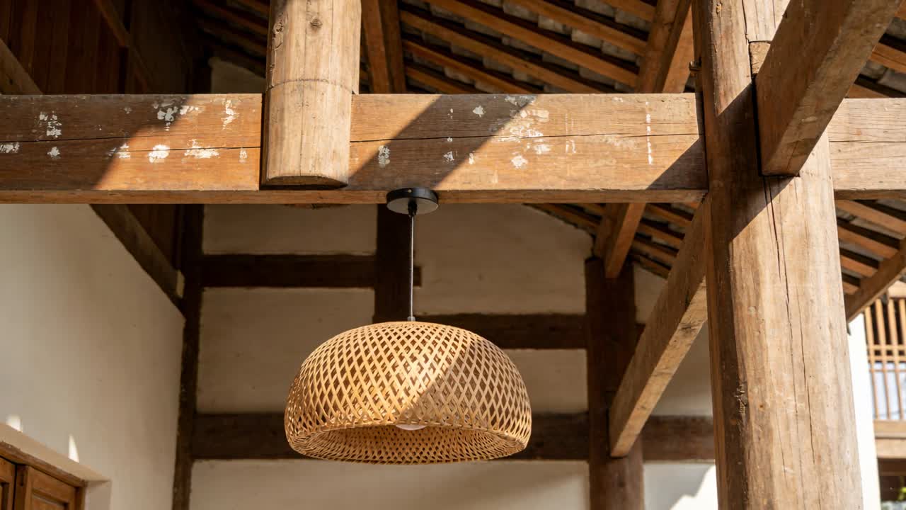 Lampada a sospensione intrecciata appesa sotto una trave, luce solare che entra e proietta ombre, studio interno.