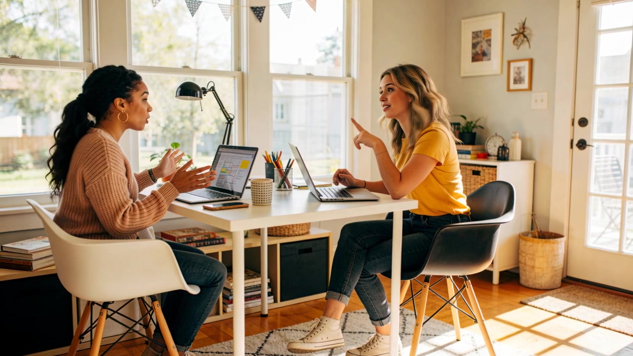 Starting talk right woman, coworker replying and using laptops at home office, pink knit yellow top