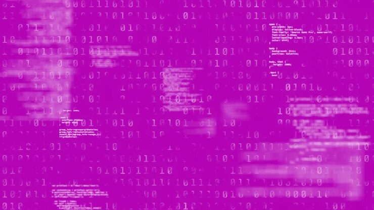 Animation of data processing and binary coding over purple background