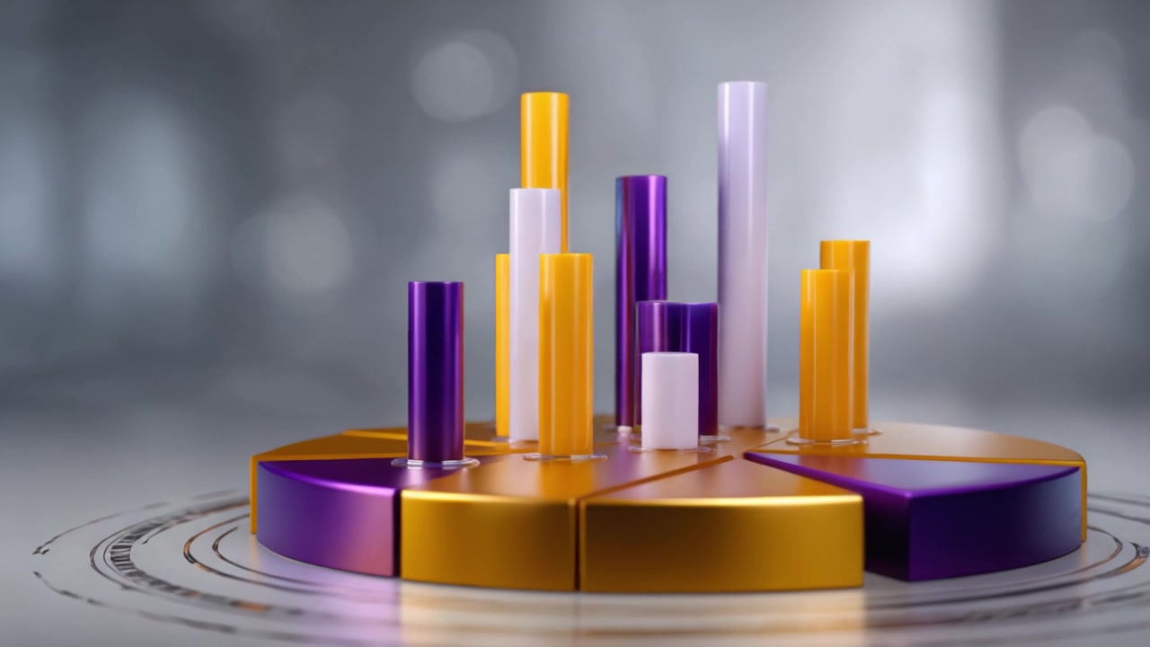 Farverigt 3D-diagram, der visualiserer data med cylindriske søjler i levende nuancer af lilla, gul og hvid, sat mod en blødt sløret baggrund.