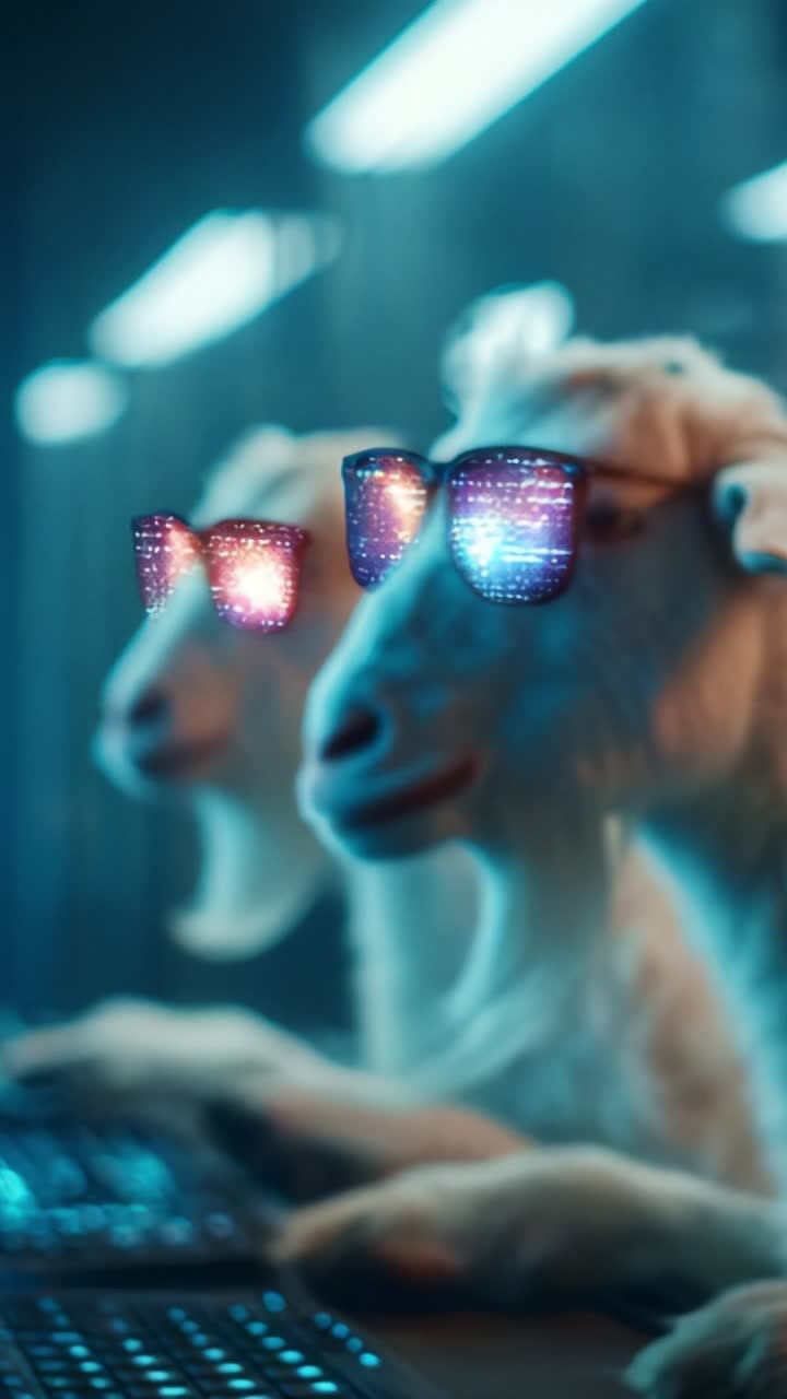 Two Goats Wearing Sunglasses at Computer, Immersed in Digital World, Highlighting Quirky Fandom of Animals Participating in Modern Technology Trends