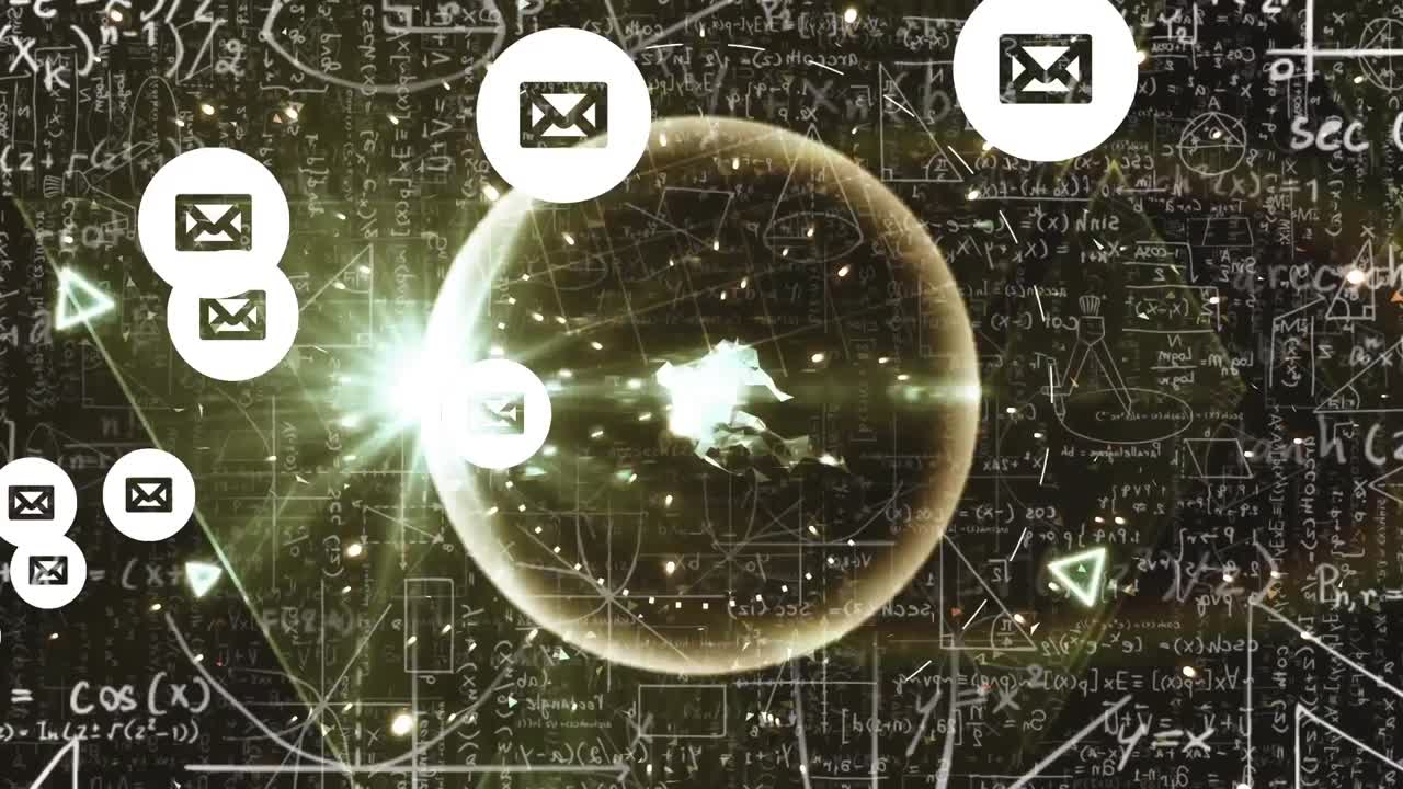 значки сообщений, плавающие над световыми следами против математических уравнений на черном фоне