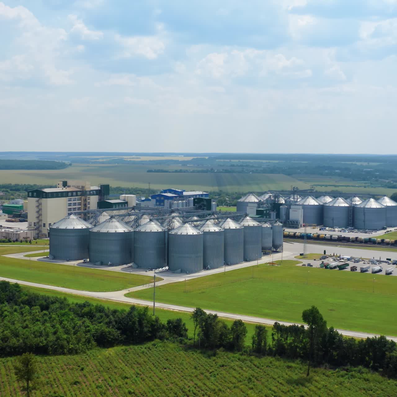 Aerial view of big tank storage factory. Industrial huge factory storehouses