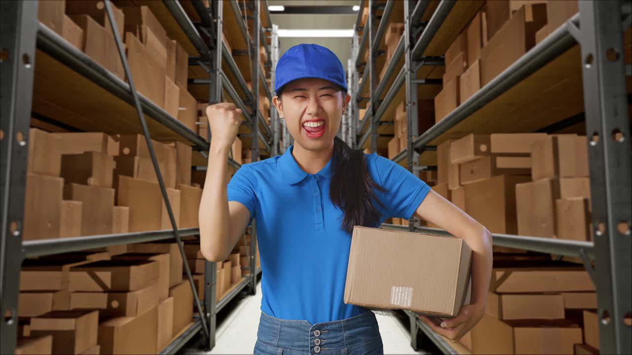 Asian Female Courier In Blue Uniform Celebrating Succeed Delivering A Carton In Warehouse