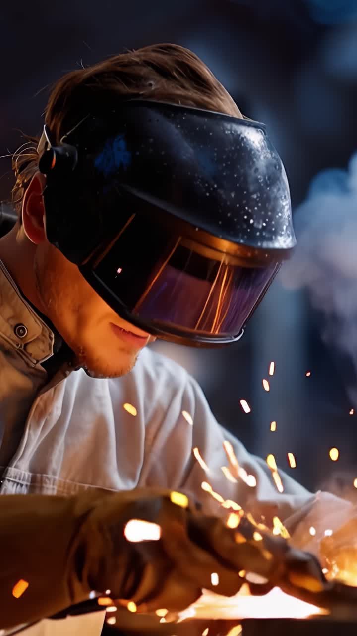 A Focused Welder Concentrates on His Craft, Utilizing Protective Gear and Sparking Creativity as Bright Sparks Emanate from His Welding Torch in a Dynamic Environment