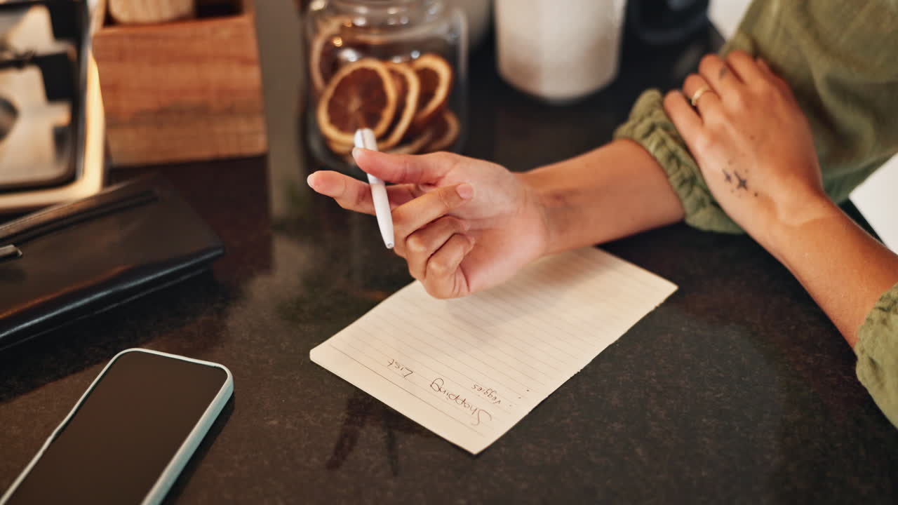 mujer escribiendo una lista de compras en la cocina