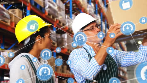 animation of network of connections with icons over man and woman working in warehouse