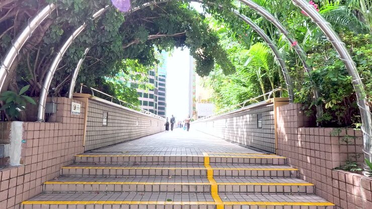 Personas caminando a través de un arco exuberante y verde