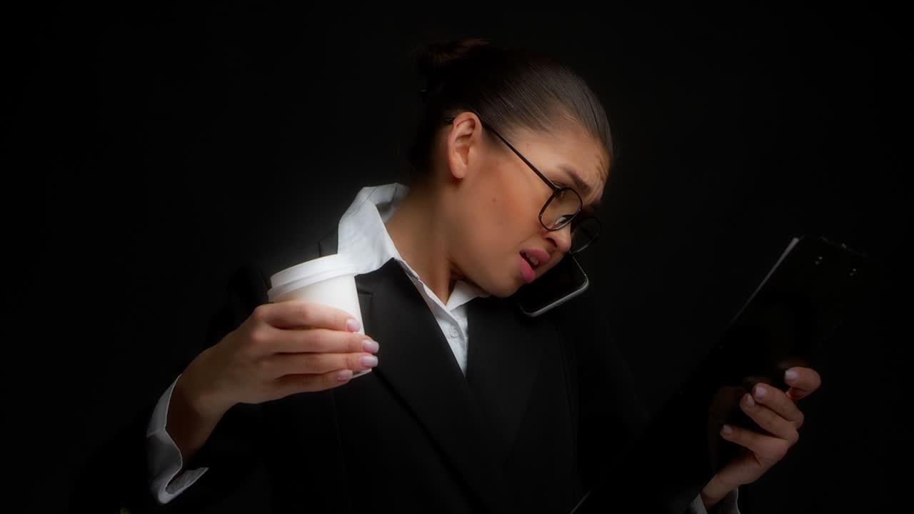 사업가 여자 는 손 에 커피 와 문서 를 들고 전화 로 이야기 하고 있다