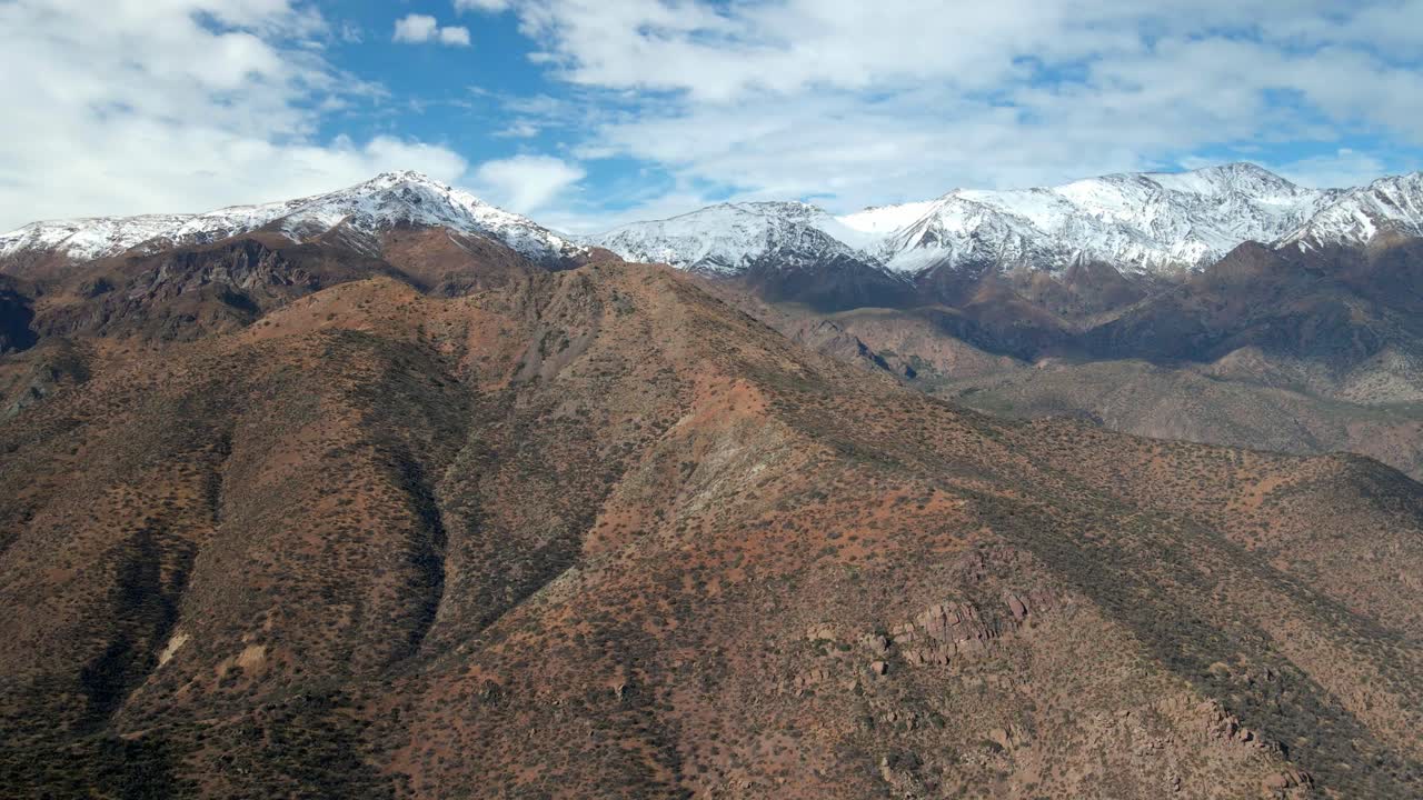 Vista aerea con movimento a carrello a sinistra del Parco San Carlos de Apoquindo, con catena montuosa innevata sullo sfondo