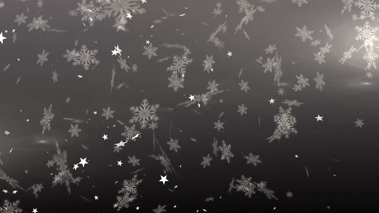 animación de copos de nieve de navidad y estrellas cayendo sobre un fondo gris