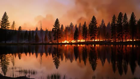 a stunning reflection of a forest fire at dusk, capturing the fiery glow against serene waters and silhouetted pine trees in a dramatic landscape
