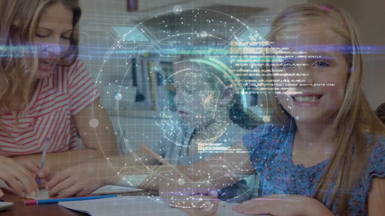 Woman pointing guiding kids table while boy writing girl smiling holo globe showing faces education