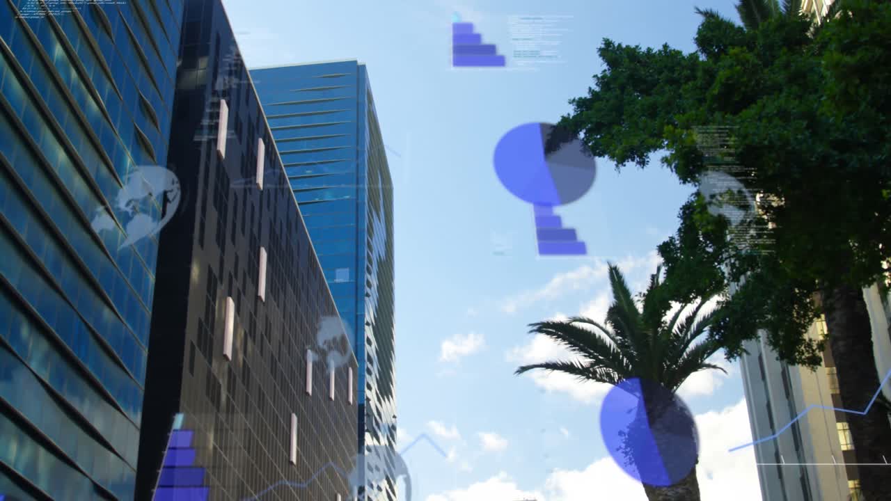 도시 풍경 위의 데이터 처리 애니메이션