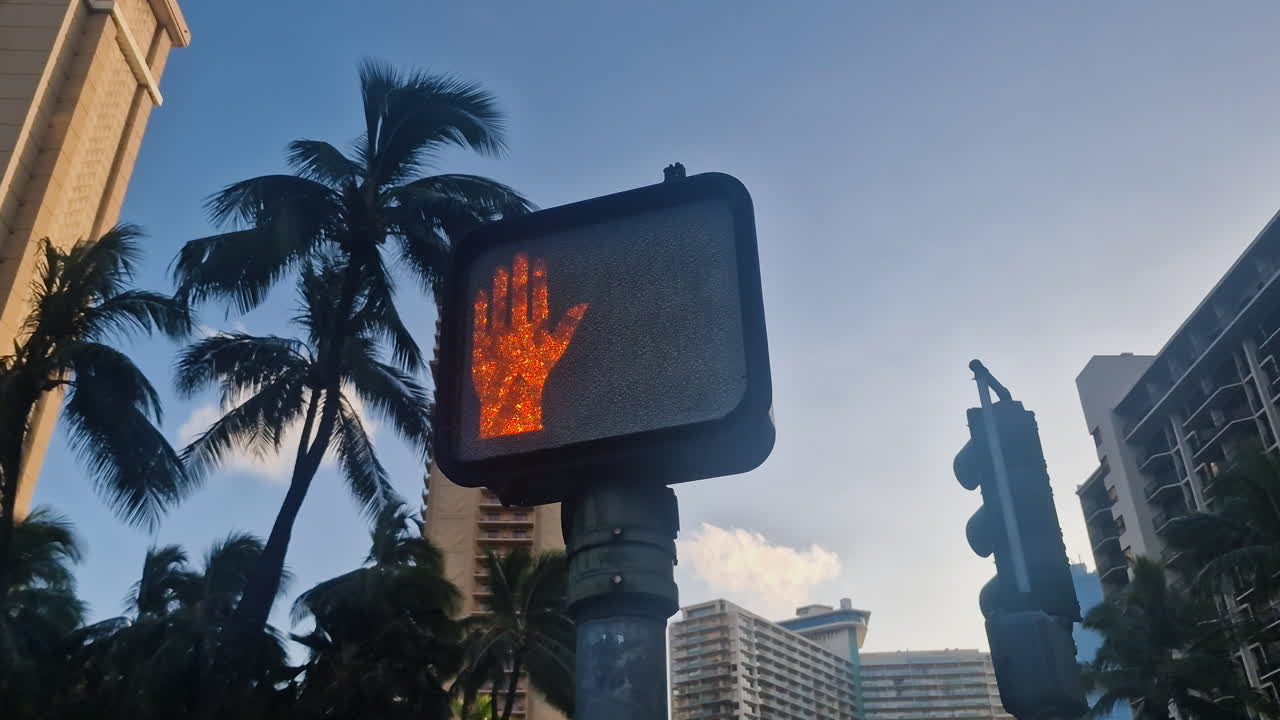 Pedestrian Stop Sign Light, Red Palm Hand. Honolulu, Hawaii USA