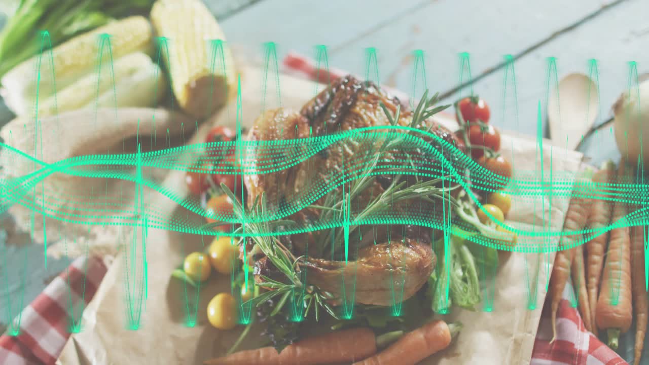 Una forma d'onda appare e si espande, ondeggiando su pollo arrosto e verdure, visualizzando il suono.