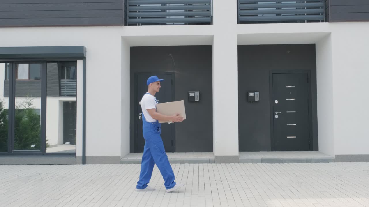 Young courier holding a parcel and tablet walking on the street to deliver a box directly to a customer home.