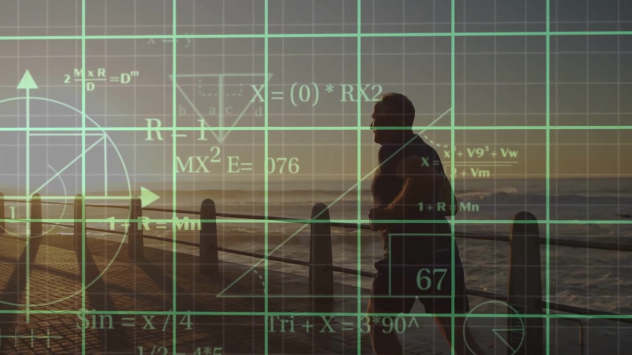 Senior male jogging along seafront, sunrise causing health graphs and formulas shifting for fitness