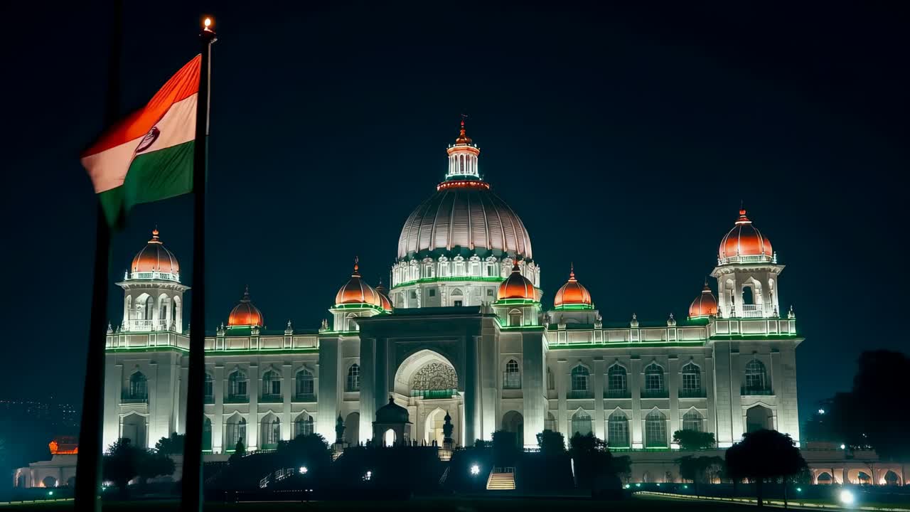 インドの国旗が広場を彩り、ドーム型の建物がオレンジと緑の光に照らされる夜、そよ風が吹いています。