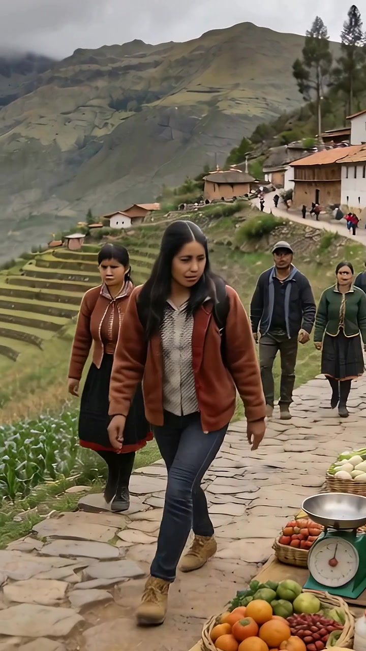 Vertical video: Walking brown-hat man starting on mountain path past vendor holding blankets uphill