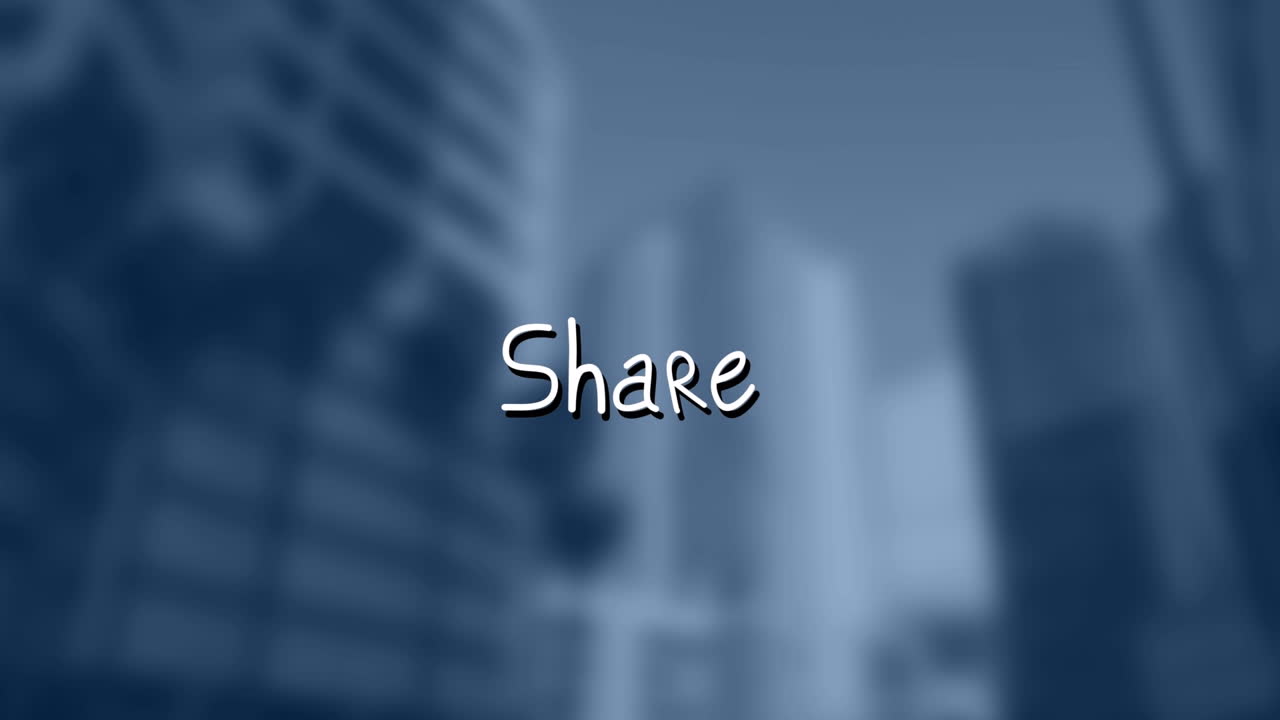Animation of share text with arrows over out of focus cityscape