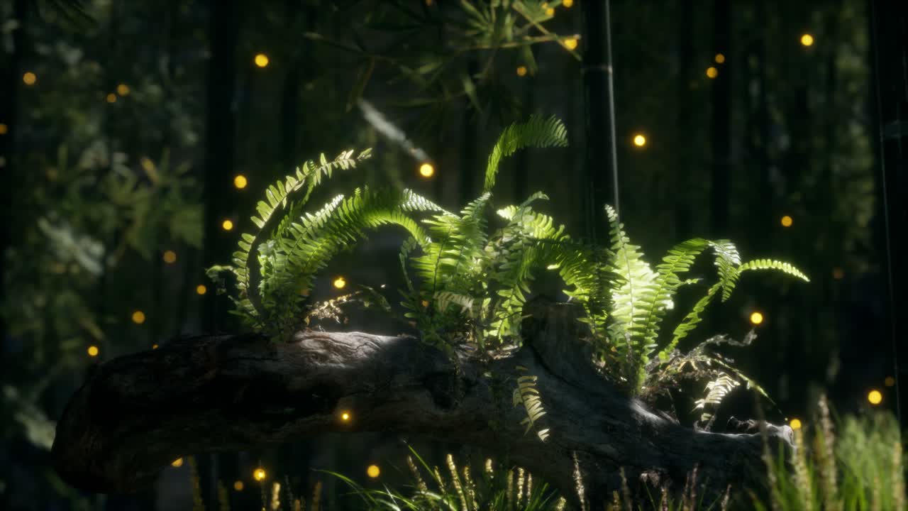 tronco del árbol doblado horizontalmente con helechos creciendo, y la luz del sol brillando