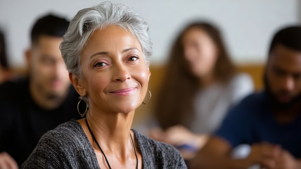Um sorriso acolhedor durante uma aula com uma mulher mais velha interagindo positivamente com os alunos em um ambiente educacional, capturando a essência da sabedoria e da experiência