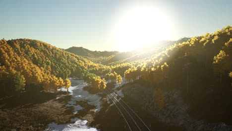 aerial view of a road through a forest in the mountains at sunset