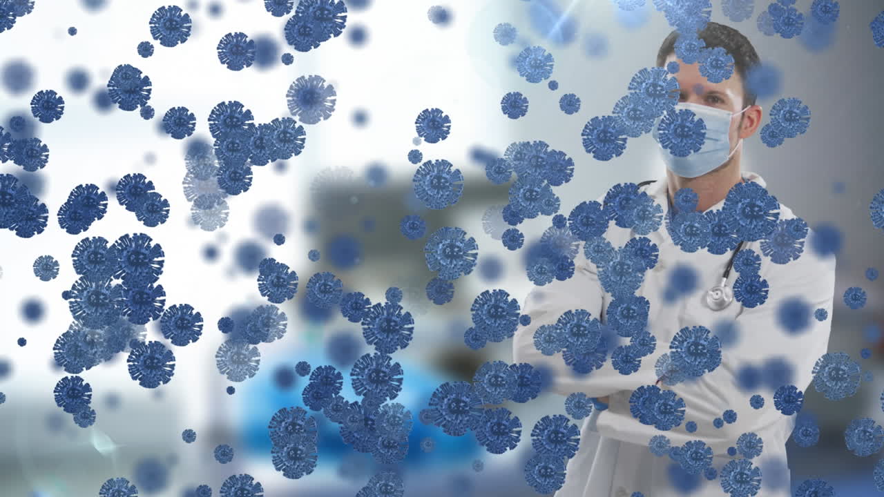 얼굴 마스크를 착용한 백인 남성 의사 위의 바이러스 세포의 애니메이션