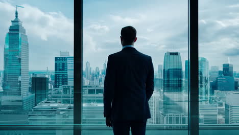 un hombre de negocios mirando el horizonte de la ciudad.