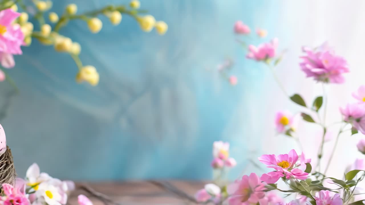 Pastel colored Easter scene featuring vibrant painted eggs nestled in twiggy nest, surrounded by delicate pink blossoms on rustic wooden surface against soft blue backdrop