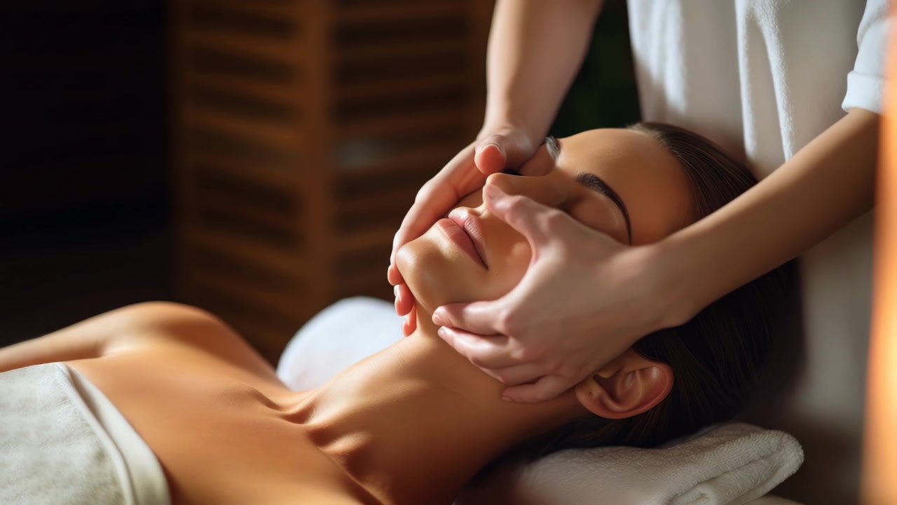 Kvinde modtager en afslappende ansigtsmassage i en spa