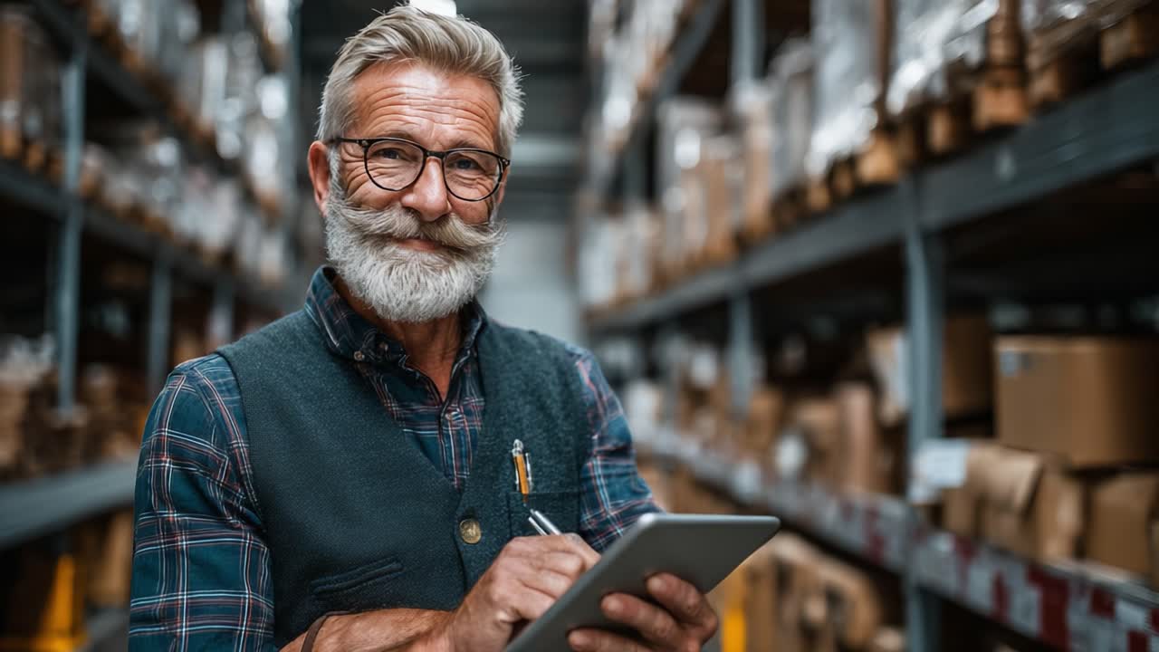 Un uomo anziano allegro con barba curata ed eleganti occhiali, che controlla l'inventario in un magazzino pieno di scatole e scaffali, catturando un momento di soddisfazione e professionalità