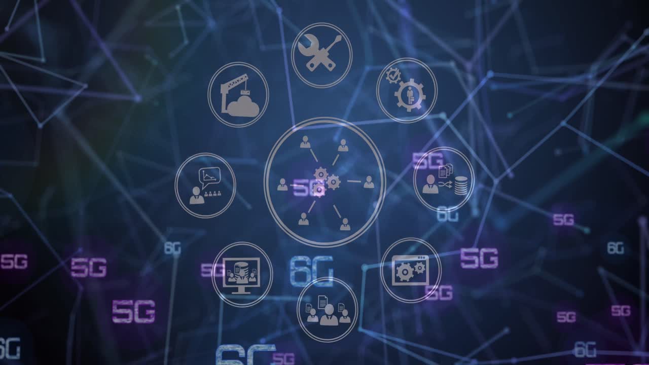 animación digital de iconos digitales a través de una red de conexiones contra un fondo azul