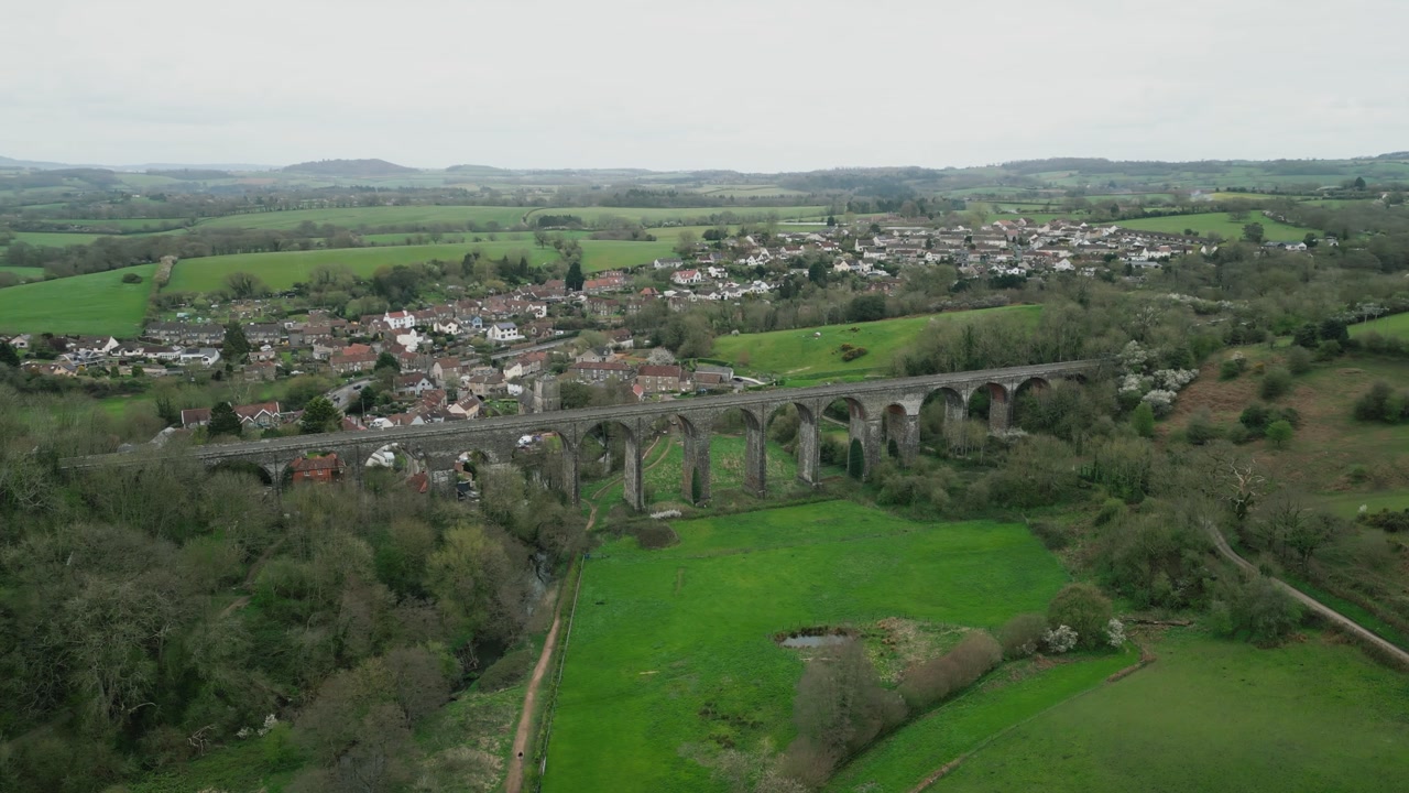 High wide angle drone footage over Pensford Viaduct in Somerset, England