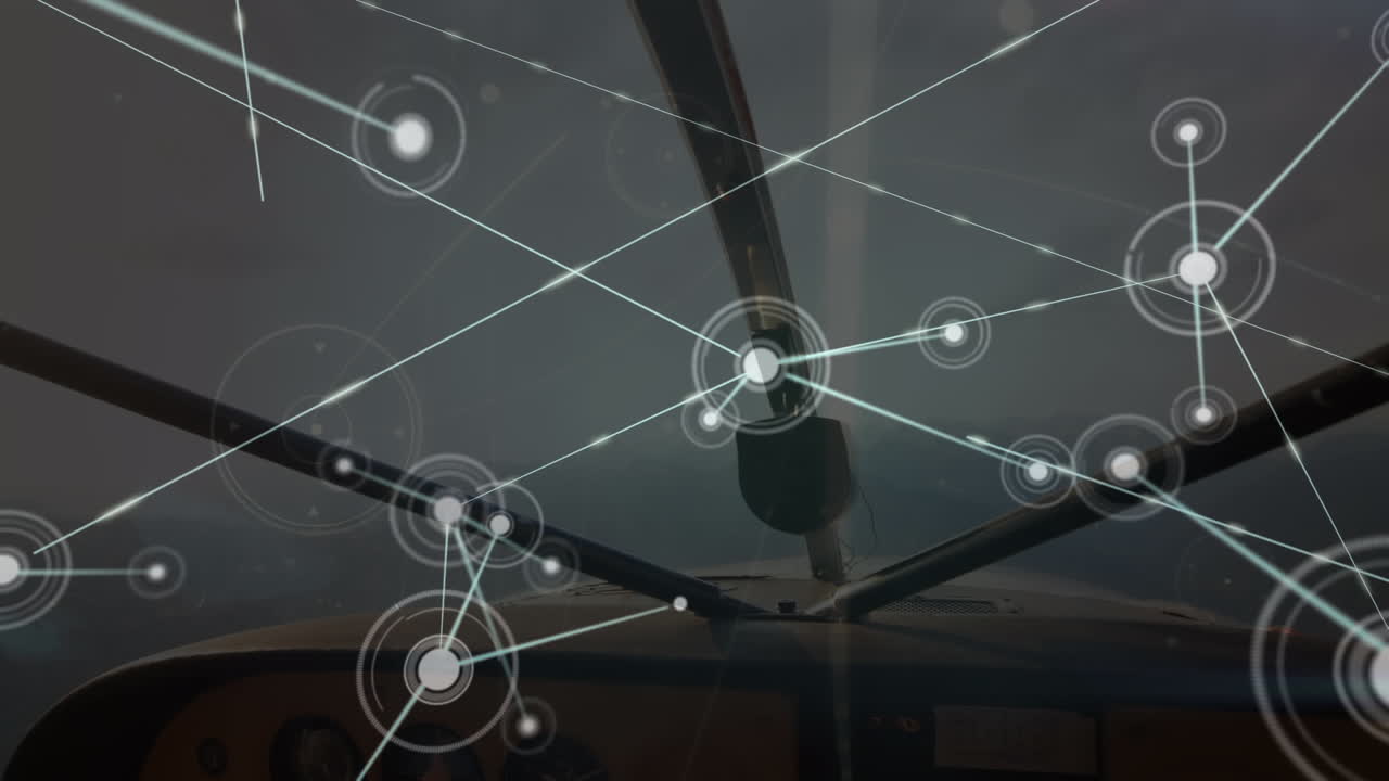 하늘을 날아다니는 비행기의 조종실 위의 연결 네트워크의 애니메이션