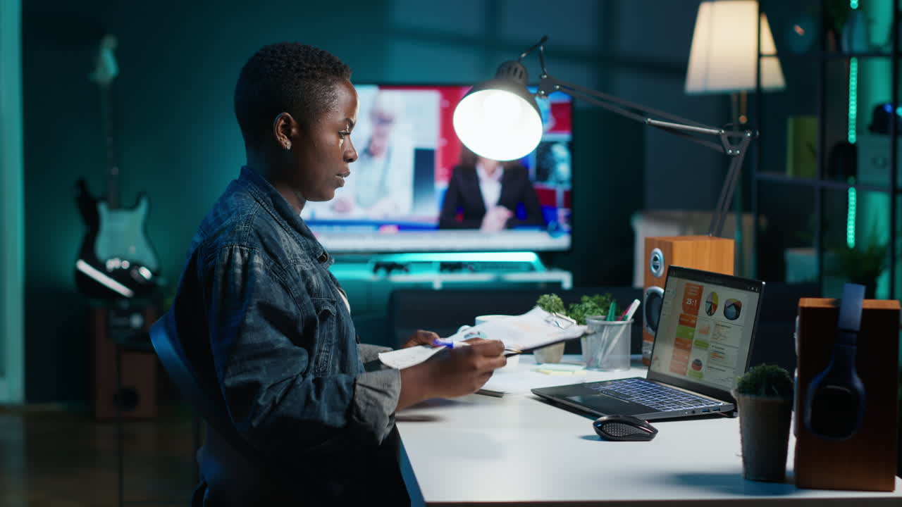 Woman working from home at night