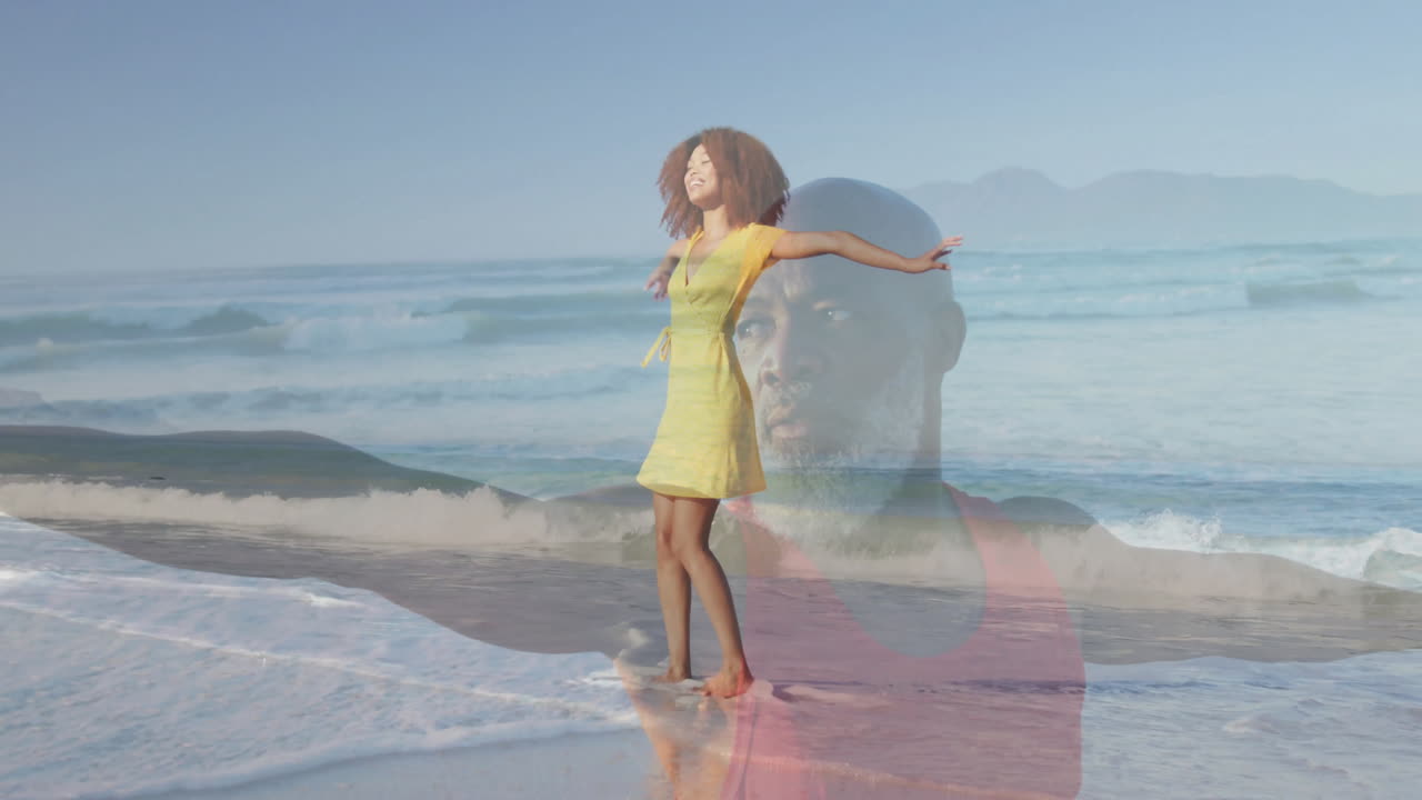 Woman extending arms in ocean beach, overlaying silhouette graphics showing wellness data trends